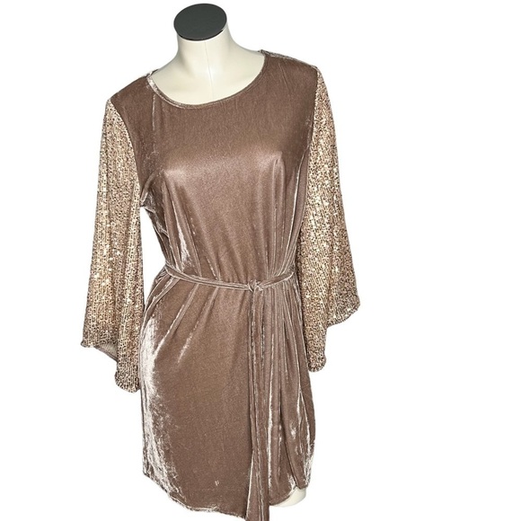 MYSTREE Velvet Flutter Sleeve Sequins Blush Pink Dress Women's Size M - Picture 3 of 16